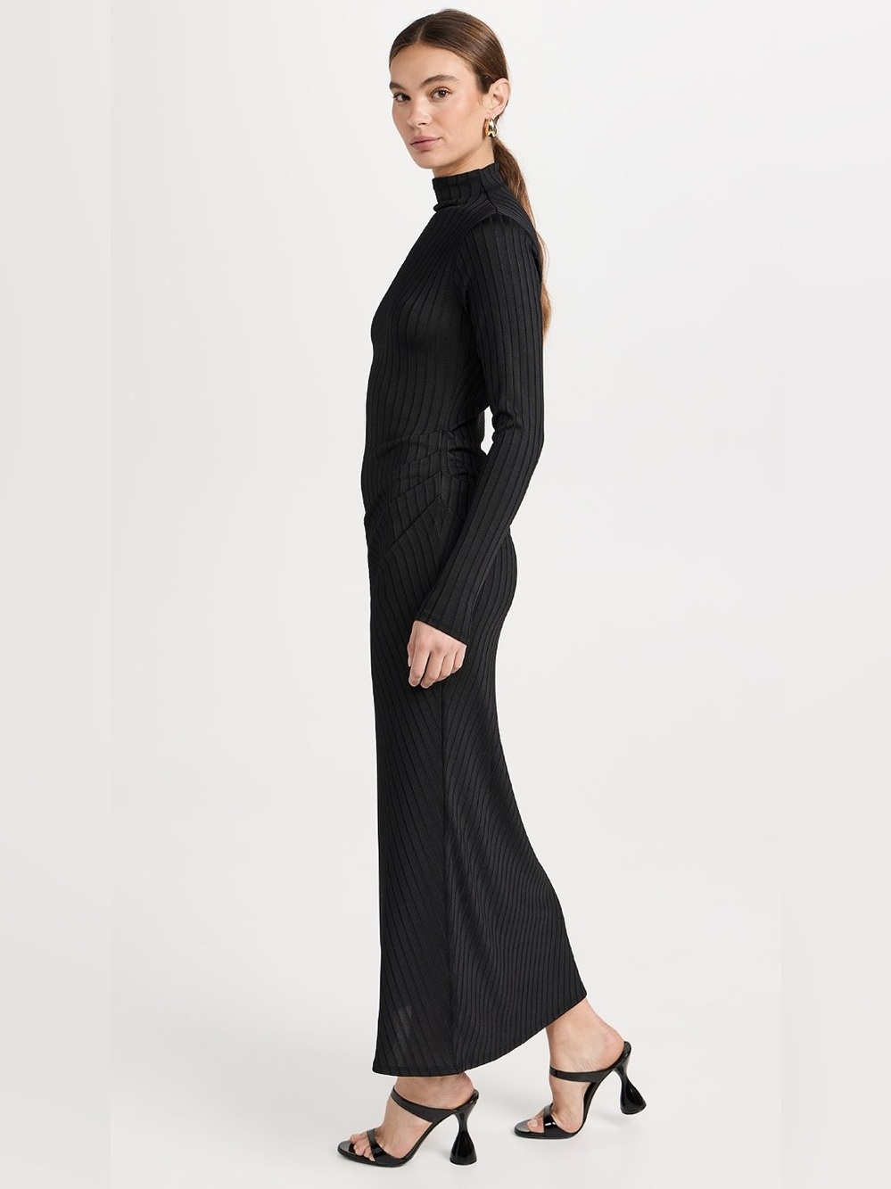 *NWT* Good American Women’s Black Shine Rib Funnel Tuck Midi Dress, Size Large - Picture 3 of 14